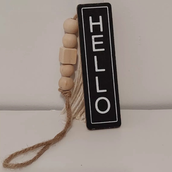 Old East Main Co Refined Rustic Hello Hanging Wall Door Sign Plaque Beads Tassel - Picture 2 of 8
